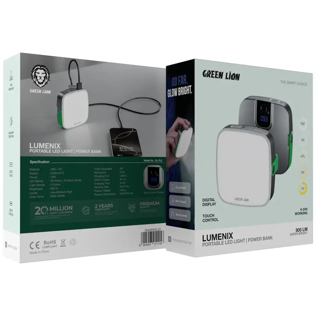Green Lion Lumenix Portable LED Light with Power Bank (2000×2mAh) – Gray 2