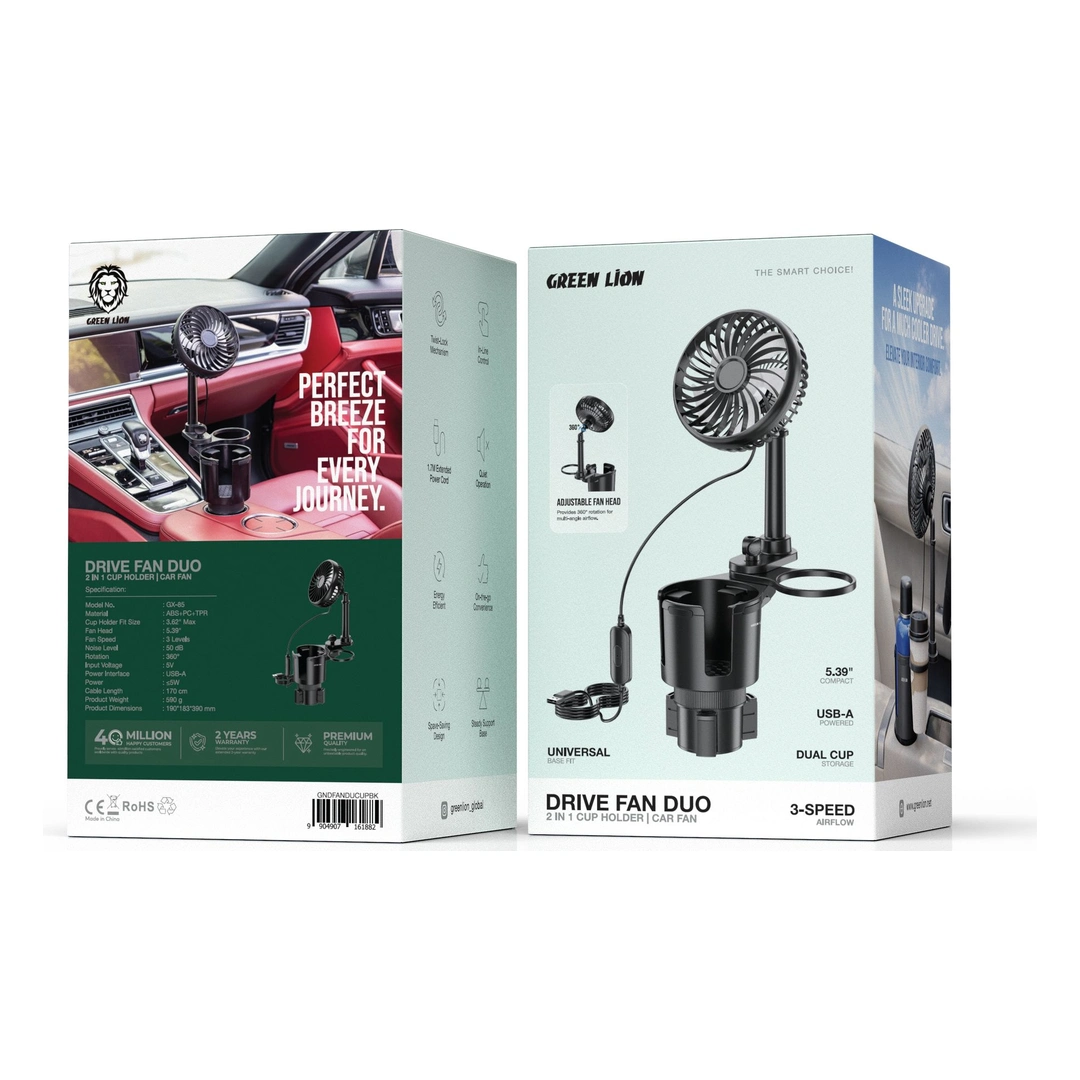 Green Lion Drive Fan Duo 2-in-1 Cup Holder with Car Fan – Black
